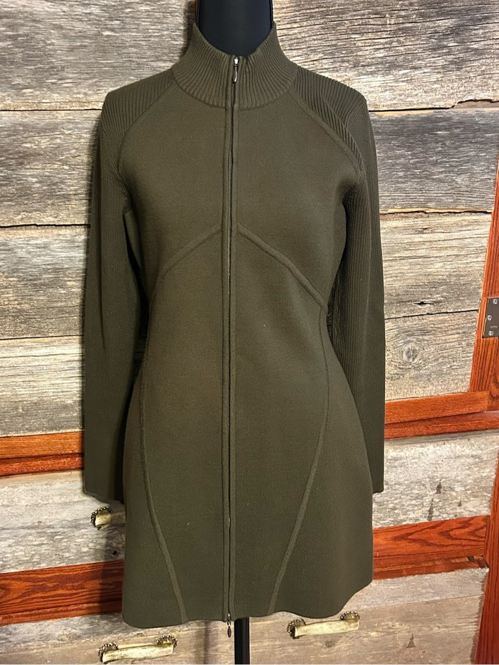 Doncaster Olive Ribbed Piping Knit Two-wayZip Long Jacket Sz S Long Sleeve Heavy